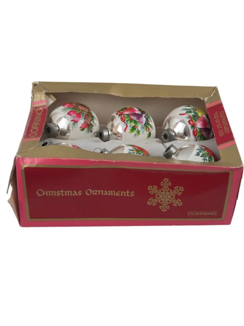 Vintage Corning 2.5 Glass Christmas Ornaments Set Of 6 With Holiday Designs & Or